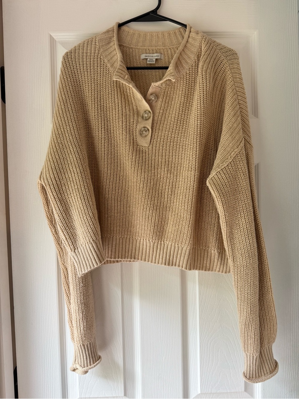 American Eagle Beige Knit Collared Henley Button Pullover Sweater Women M